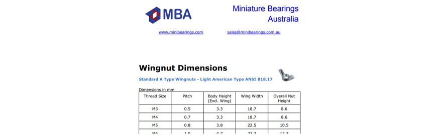 Metric Wingnut Dimension Chart