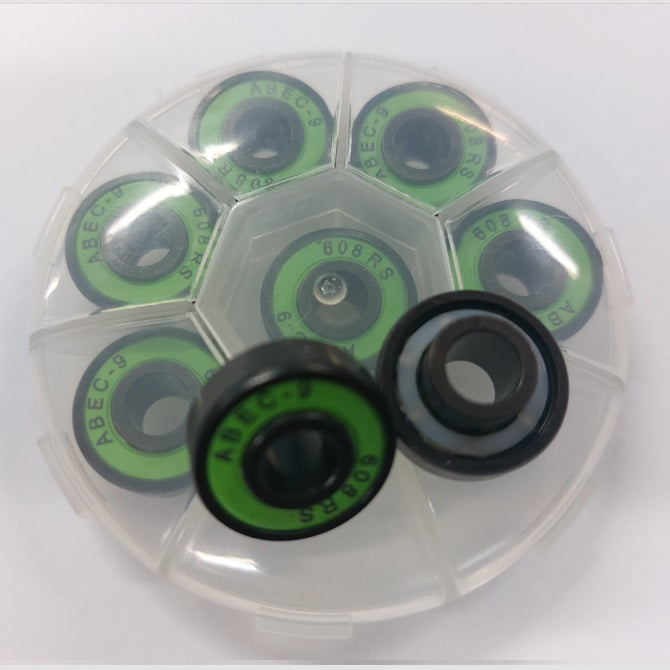 Skate Board and Skating Bearings -  For general skating Extended inner ring one side - SET OF 8 Bearings - 8x22x7 inner width 12.5 -  - Chrome Steel / Nylon Cage