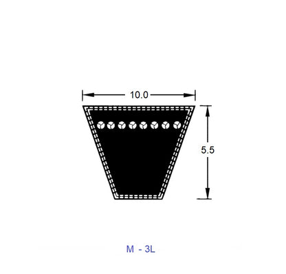 1227597 | M-59 (Each) --- Vee Belts - 1499.0 - 59.0 in. - mm - - - 10.0 x 5.5mm M 3L - Natural Rubber - Fabric Jacket Belt