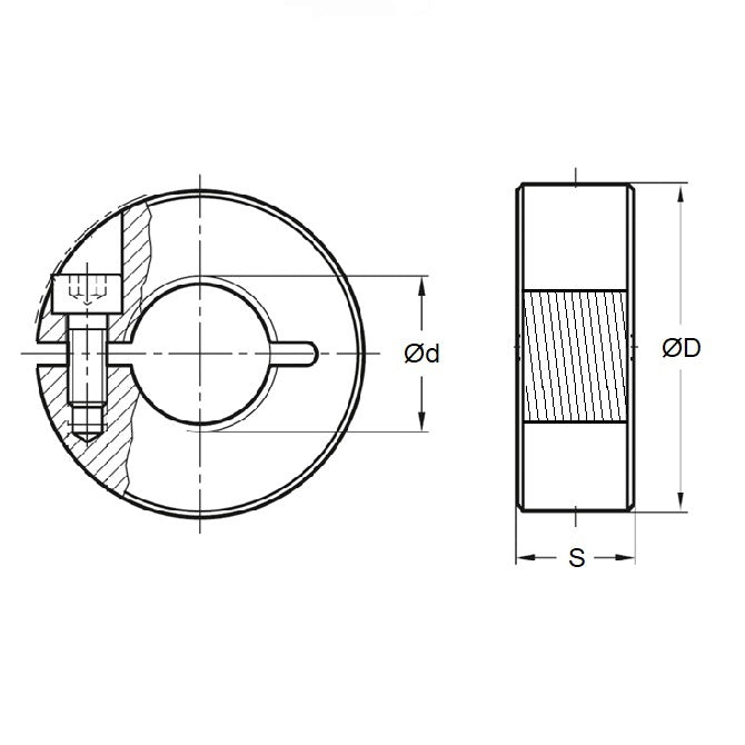 1112610 | COT-01588F-033-11-S3 (Each) --- Threaded Collars - 5/8-18 UNF - 15.88mm - 33.338x11.113 mm Clamp Type - Stainless Steel Collar