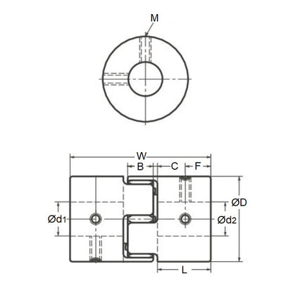 1120642 | CP-191K-191K-40-066-J-PU92G (Each) --- Spider Type C Complete Couplings - 19.050 - Keyed - Keyed 19.05 39.9 mm - Aluminium with 92 Duro White Spider Coupling