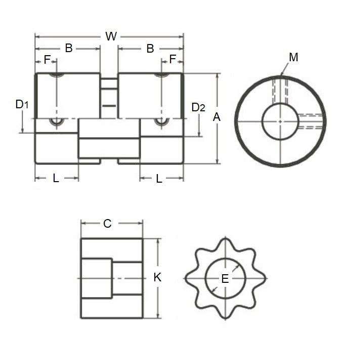1084929 | CP-095-095-20-034-J-SPLN-X (Each) --- Spline Type Couplings - 9.525x9.525x20 mm Complete - Aluminium and Rubber Coupling