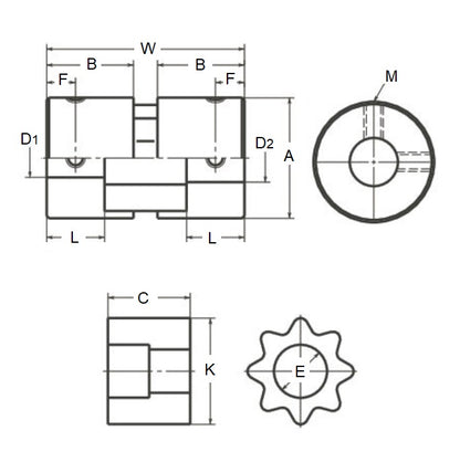 1084929 | CP-095-095-20-034-J-SPLN-X (Each) --- Spline Type Couplings - 9.525x9.525x20 mm Complete - Aluminium and Rubber Coupling