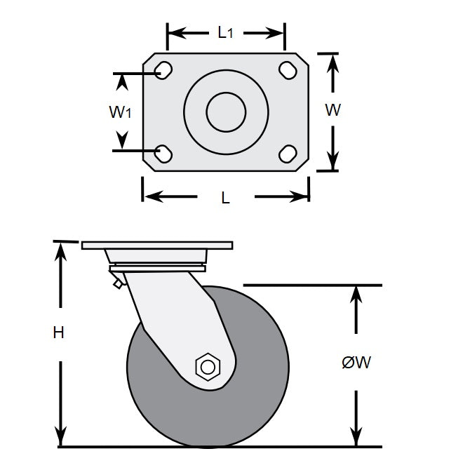 1163068 | RWC-S2710B (PK-2) --- Plate Castors - Wheel diameter 50 Swivel with Brake 30 mm - Inst Rubber Castor