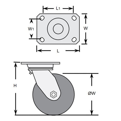 1163068 | RWC-S2710B (PK-2) --- Plate Castors - Wheel diameter 50 Swivel with Brake 30 mm - Inst Rubber Castor
