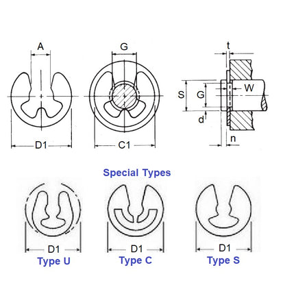 1054922 | ECL-0032-0044A-C (PK-50) --- E-Clips Retaining Rings - 4.37x3.23x0.64 mm Basic - Carbon Steel E-Clip