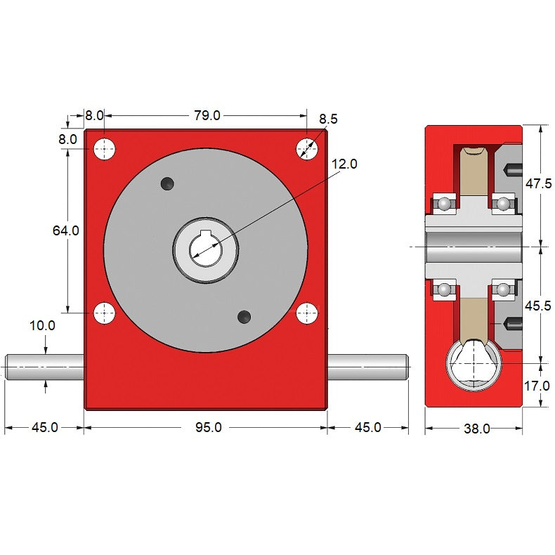 1097950 | P45-12 (Each) --- Cross Axis Gearboxes - Ratio 12 to 1 21°20 min 5 110 x 95 x 38mm - Steel Gearbox
