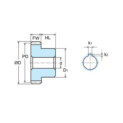 1158875 | G045B-045-M1-060-160F-CGK (Each) --- Spur Gears - 45 tooth - 45x16 mm Hubbed - Carbon Steel S45C Gear