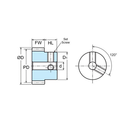 1096472 | G010B-012-D32-048-032-AB-G (Each) --- Spur Gears - 12 tooth - 9.525x3.175 mm Hubbed - Acetal - Brass insert Gear