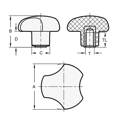 1061923 | KF050M-025-3L (PK-5) --- Lobe Knobs - M5 - 5x0.8mm - 25x10 mm Three Lobe - Brass Knob