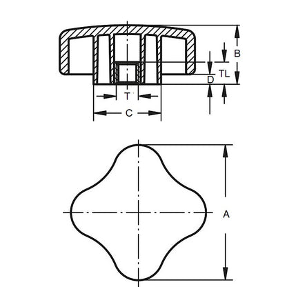 1112198 | KF159C-080-4L (Each) --- Lobe Knobs - 5/8-11 UNC - 15.88mm - 80.01x23.9 mm Four Lobe - Brass Knob