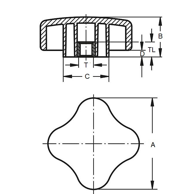 1077293 | KF079C-040-4L13 (Each) --- Lobe Knobs - 5/16-18 UNC - 7.94mm - 39.88x14 mm Four Lobe - Brass Knob