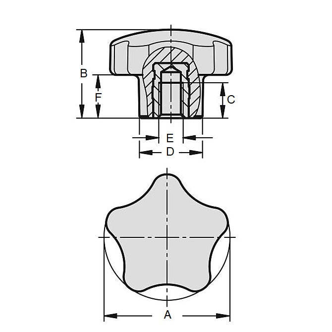 1072644 | KF064C-032-5L-SS (Each) --- Lobe Knobs - 1/4-20 UNC - 6.35mm - 32x9.9 mm Five Lobe - Stainless Steel Knob