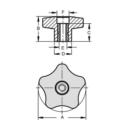 1087060 | KF095C-057-5LSFT-P (PK-100) --- Lobe Knobs - 3/8-16 UNC - 9.53mm - 57.4 - - Five Lobe - Plated Brass Knob