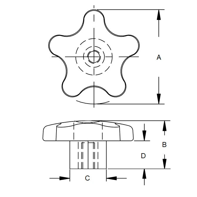 1087036 | KF095C-057-5L-PB (Each) --- Lobe Knobs - 3/8-16 UNC - 9.53mm - 57.15x18.3 mm Five Lobe - Zinc Plated Steel Hex Nut Knob