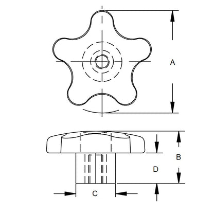 1087036 | KF095C-057-5L-PB (Each) --- Lobe Knobs - 3/8-16 UNC - 9.53mm - 57.15x18.3 mm Five Lobe - Zinc Plated Steel Hex Nut Knob