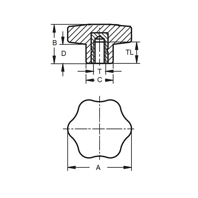 1087083 | KF095C-060-6L-BR (Each) --- Lobe Knobs - 3/8-16 UNC - 9.53mm - 59.94x14.3 mm Six Lobe - Brass Knob