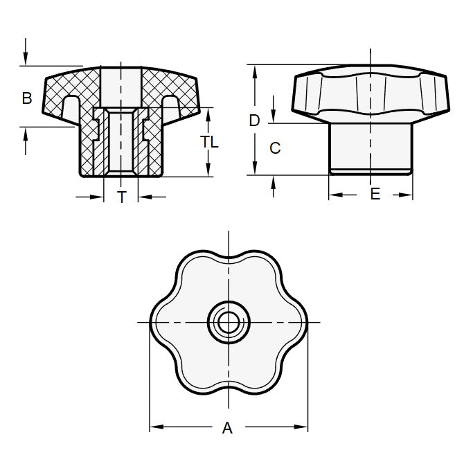 1072875 | KF064C-040-6L-PSS (Each) --- Lobe Knobs - 1/4-20 UNC - 6.35mm - 40.13x9.5 mm Six Lobe - Stainless Steel Knob