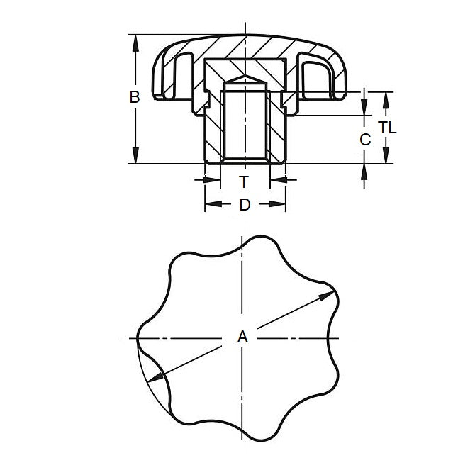 1099057 | KF120M-050-7L (Each) --- Lobe Knobs - M12 - 12x1.75mm - 50x15 mm Seven Lobe - Brass Knob