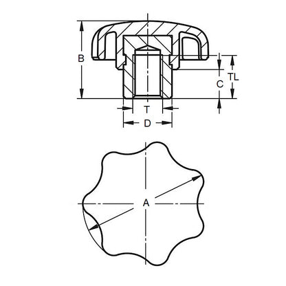 1066952 | KF060M-025-7L (PK-5) --- Lobe Knobs - M6 - 6x1mm - 25x9 mm Seven Lobe - Brass Knob