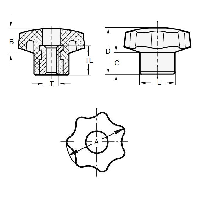 1233281 | KF060M-025-7L-P (Each) --- Lobe Knobs - M6 - 6x1mm - 25x12 mm Seven Lobe - Brass Knob