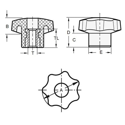 1233457 | KF080M-032-7L-P (Each) --- Lobe Knobs - M8 - 8x1.25mm - 32x20 mm Seven Lobe - Brass Knob