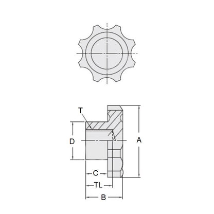 1099062 | KF120M-050-8L (Each) --- Lobe Knobs - M12 - 12x1.75mm - 50x21 mm Eight Lobe - Phenolic and Brass Knob