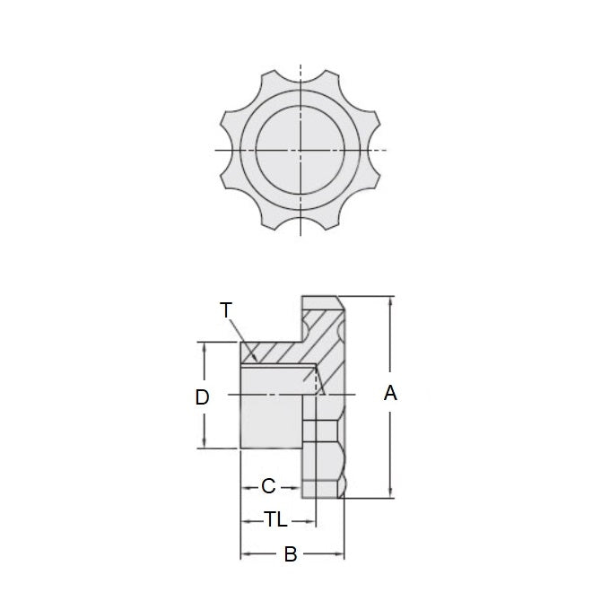 1092216 | KF100M-040-8L (Each) --- Lobe Knobs - M10 - 10x1.5mm - 40x17 mm Eight Lobe - Phenolic and Brass Knob