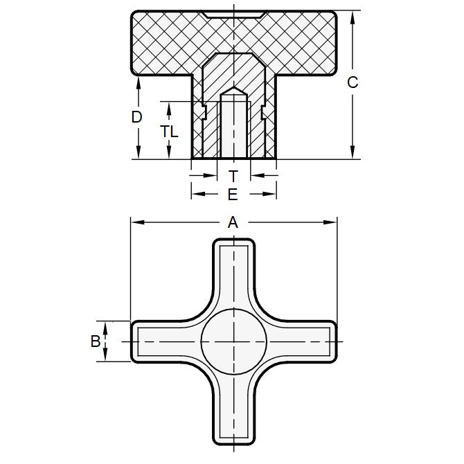 1072928 | KF064C-044-CB (Each) --- Cross Knobs - 1/4-20 UNC - 6.35mm - 44.45x11.1 mm Female - Brass Knob