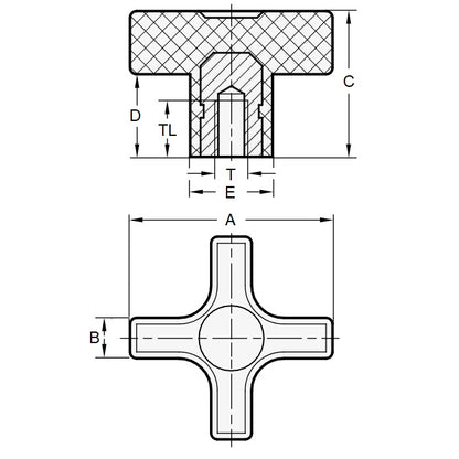 1087742 | KF095F-057-CB (Each) --- Cross Knobs - 3/8-24 UNF - 9.53mm - 57.15x12.7 mm Female - Brass Knob