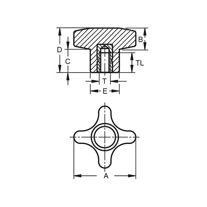 1072873 | KF064C-040-CS (Each) --- Cross Knobs - 1/4-20 UNC - 6.35mm - 40.13x9.5 mm Female - Brass Knob