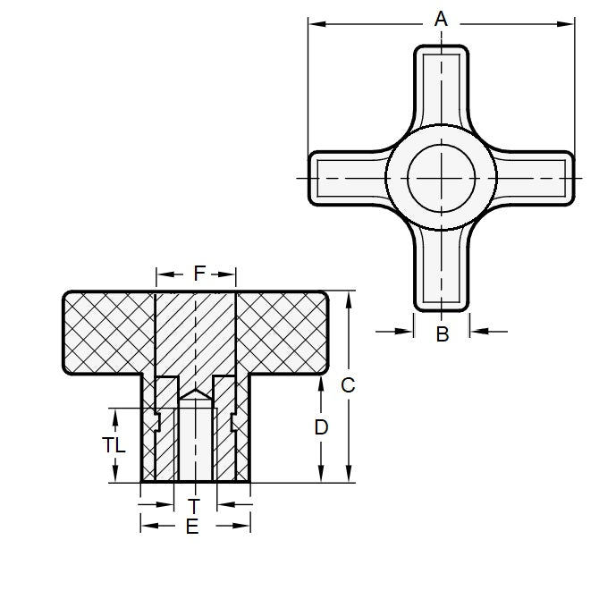 1058750 | KF048F-032-CH (Each) --- Cross Knobs - 10-32 UNF - 4.76mm - 31.75x7.9 mm Female - Brass Knob