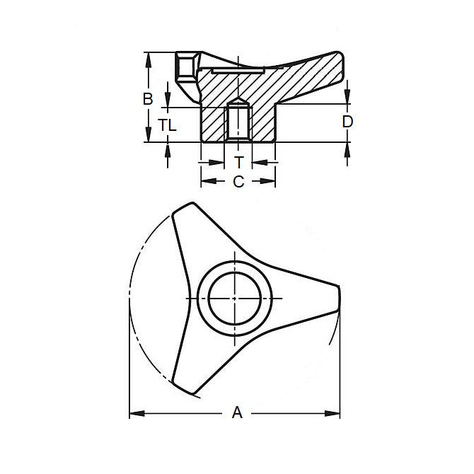 1234231 | KF120M-100-3LA (PK-4) --- Lobe Knobs - M12 - 12x1.75mm - 100x21 mm Three Lobe - Brass Knob