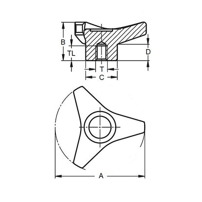 1233994 | KF100M-080-3LA (PK-4) --- Lobe Knobs - M10 - 10x1.5mm - 80x17 mm Three Lobe - Brass Knob