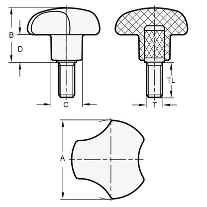 1061939 | KM050M-025-3L25 (PK-5) --- Lobe Knobs - M5 - 5x0.8mm - 25x25 mm Three Lobe - Steel Knob