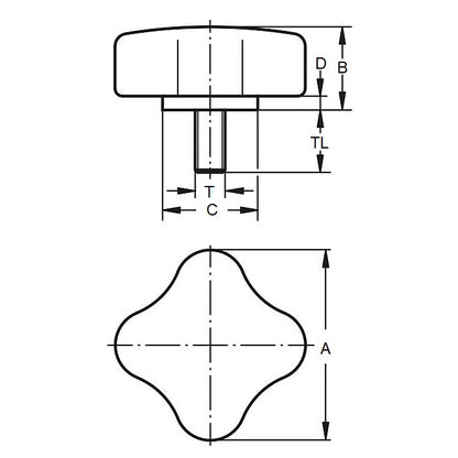 1056797 | KM048C-020-4L19 (Each) --- Lobe Knobs - 10-24 UNC - 4.76mm - 20.07x19.1 mm Four Lobe - Plated Steel Knob