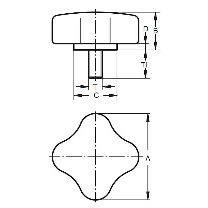 1072657 | KM064C-032-4L19 (Each) --- Lobe Knobs - 1/4-20 UNC - 6.35mm - 32x19.1 mm Four Lobe - Plated Steel Knob