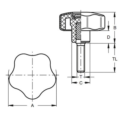 1072665 | KM064C-032-5LSFT25-ST (Each) --- Lobe Knobs - 1/4-20 UNC - 6.35mm - 32x25.4 mm Five Lobe - Plated Steel and Plastic Knob