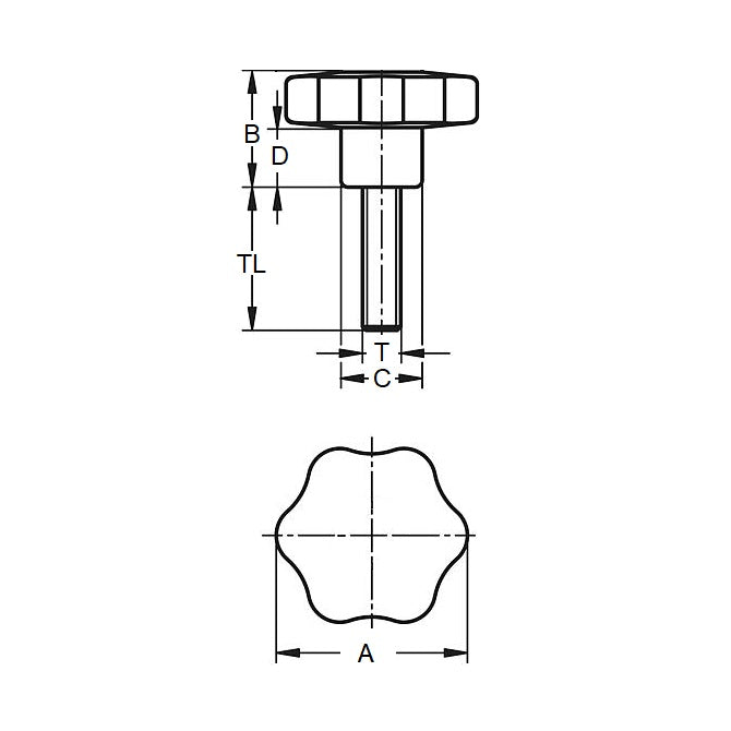 1086796 | KM095C-044-6L44-SP (Each) --- Lobe Knobs - 3/8-16 UNC - 9.53mm - 43.94x44.5 mm Six Lobe - Plated Steel Knob