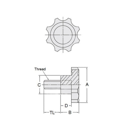 1082307 | KM080M-058-8L15 (Each) --- Lobe Knobs - M8 - 8x1.25mm - 58x15 mm Eight Lobe - Phenolic and Steel Knob