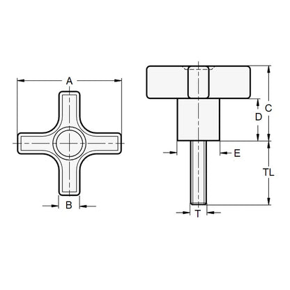 1103210 | KM127C-057-CS-PH38 (Each) --- Cross Knobs - 1/2-13 UNC - 12.7mm - 57.15x38.1 mm Male - Plated Steel Knob