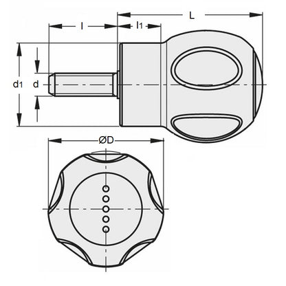 1086895 | KM095C-050-R-SFT (Each) --- Round Male Soft Knobs - 3/8-16 UNC - 9.53mm - 50x62 mm - Rubber Knob