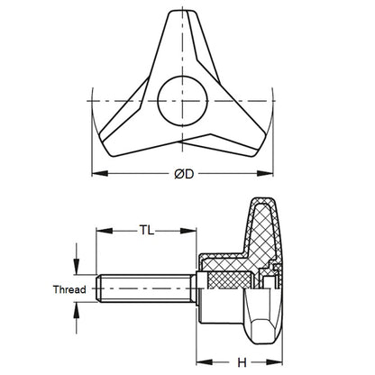 1077444 | KM079C-051-TRI-BHM (PK-100) --- Tri Knobs - 5/16-18 UNC - 7.94mm - 50.8 mm - 19.1 Male - Plated Steel Knob