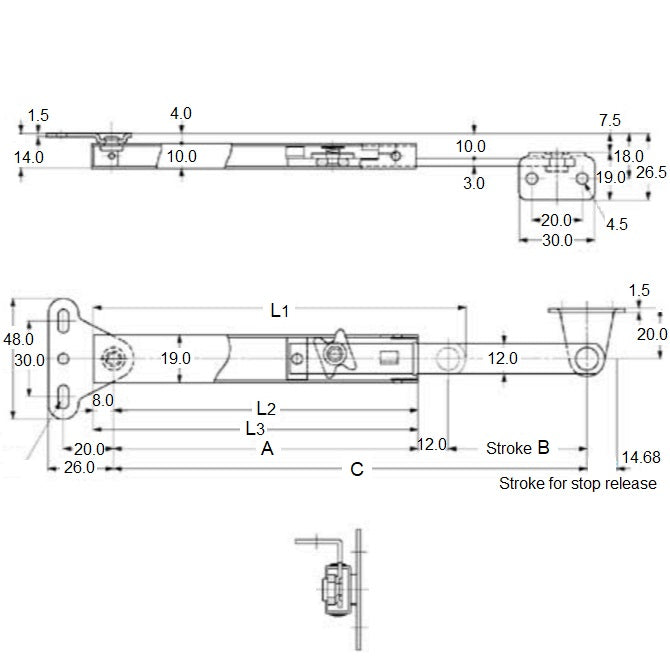 1203221 | SUG-525RS (Each) --- Stainless Steel Lid Stay - 148.03x120.98x128.98 mm