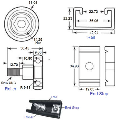 1235318 | PBC-210RS (Each) --- Crowned Roller Track System Linear - End Stop - - Order other components seperately