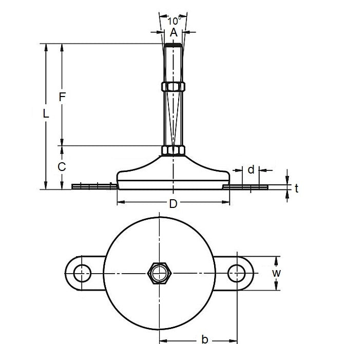 1121877 | MLM-191C-152-S4-AHY2 (Each) --- Levelling Studded Mounts - 3/4-10 UNC - 19.05mm - 74.9x22.1 mm Hygienic - Stainless Steel 304 Similar to A2, 18-8 HRB80 Mount
