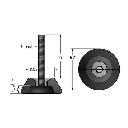 1127527 | TMF-557-ARS (Each) --- Levelling Bonded Neoprene Mounts - 22.0 to 59.0 Kg 1.27x6.35 mm With Stud