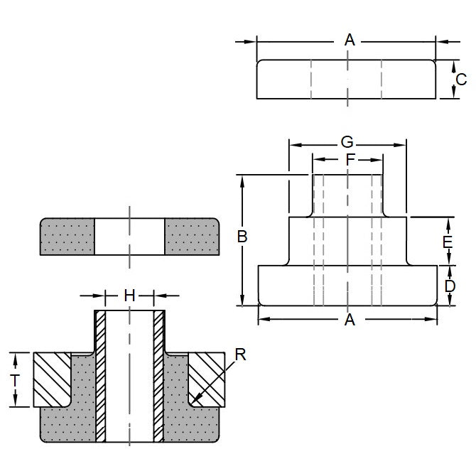 1198259 | MB2-0019-127 (Each) --- Bonded Mounts - 127 Kg - 16.7x64.8 mm Tee Bush Two Piece - Rubber Mount