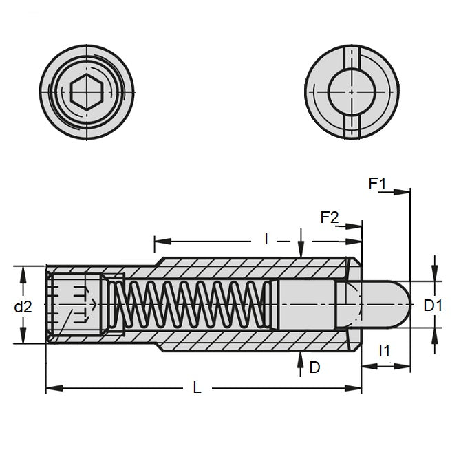 1111746 | PLST-159C-318-CLG-013 (Each) --- Spring Plungers - 5/8-11 UNC - 15.88mm - 31.8 mm - 16 N No Handle - Steel Plunger