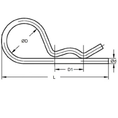 1040426 | RCL-024-064-Z (PK-10) --- Single Coil R Clips - 2.4x64 mm - Spring Wire, Oil-Tempered Steel Clip